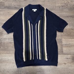 William Rast Navy Knit Short Sleeve Shirt with Cream and Olive Stripes Large